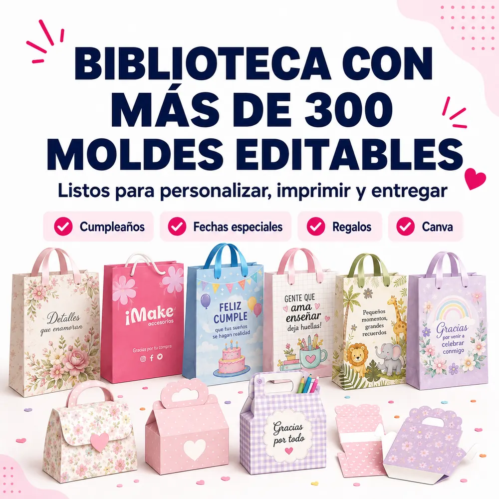 Biblioteca con más de 300 moldes editables de bolsitas